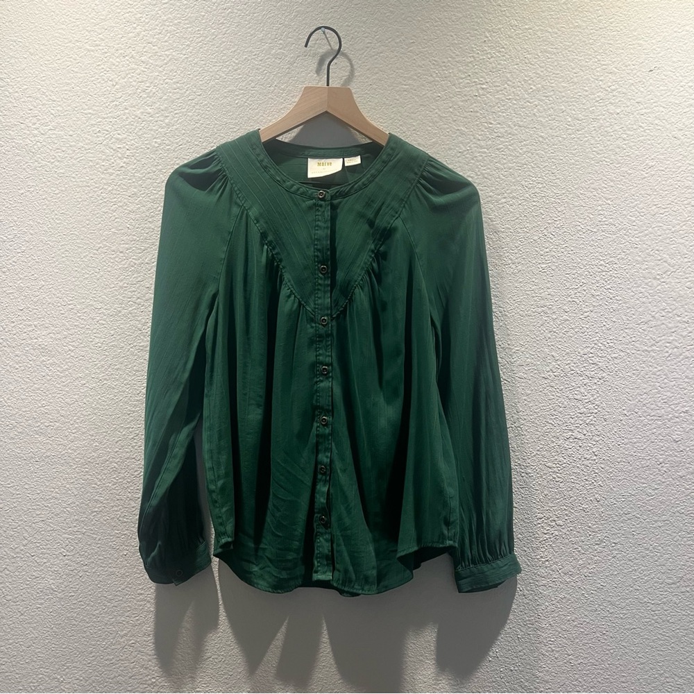 Maeve by Anthropologie Avignon Dark Green Pleated Button Front Stripe Blouse S - Picture 4 of 9